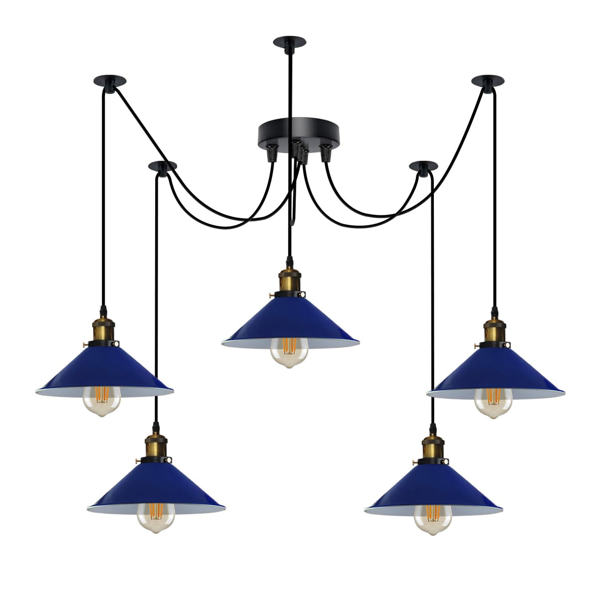 5-Light Spider Pendant – 22 cm Cone Shades, 12 Colours, E27 - Yellow Brass, Flat Cone 22 cm Navy Blue, Without Bulb
