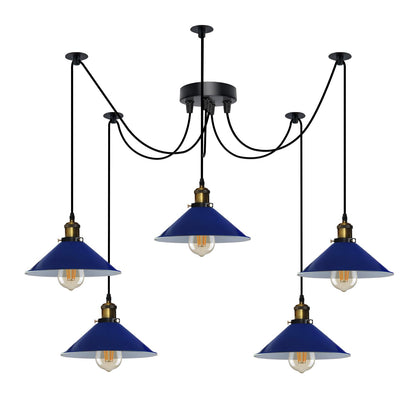 5-Light Spider Pendant – 22 cm Cone Shades, 12 Colours, E27 - Yellow Brass, Flat Cone 22 cm Navy Blue, Without Bulb