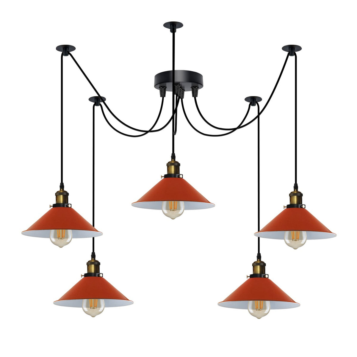 5-Light Spider Pendant – 22 cm Cone Shades, 12 Colours, E27 - Yellow Brass, Flat Cone 22 cm Orange, ST64 LED Bulb 6W