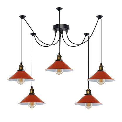 5-Light Spider Pendant – 22 cm Cone Shades, 12 Colours, E27 - Yellow Brass, Flat Cone 22 cm Orange, ST64 LED Bulb 6W