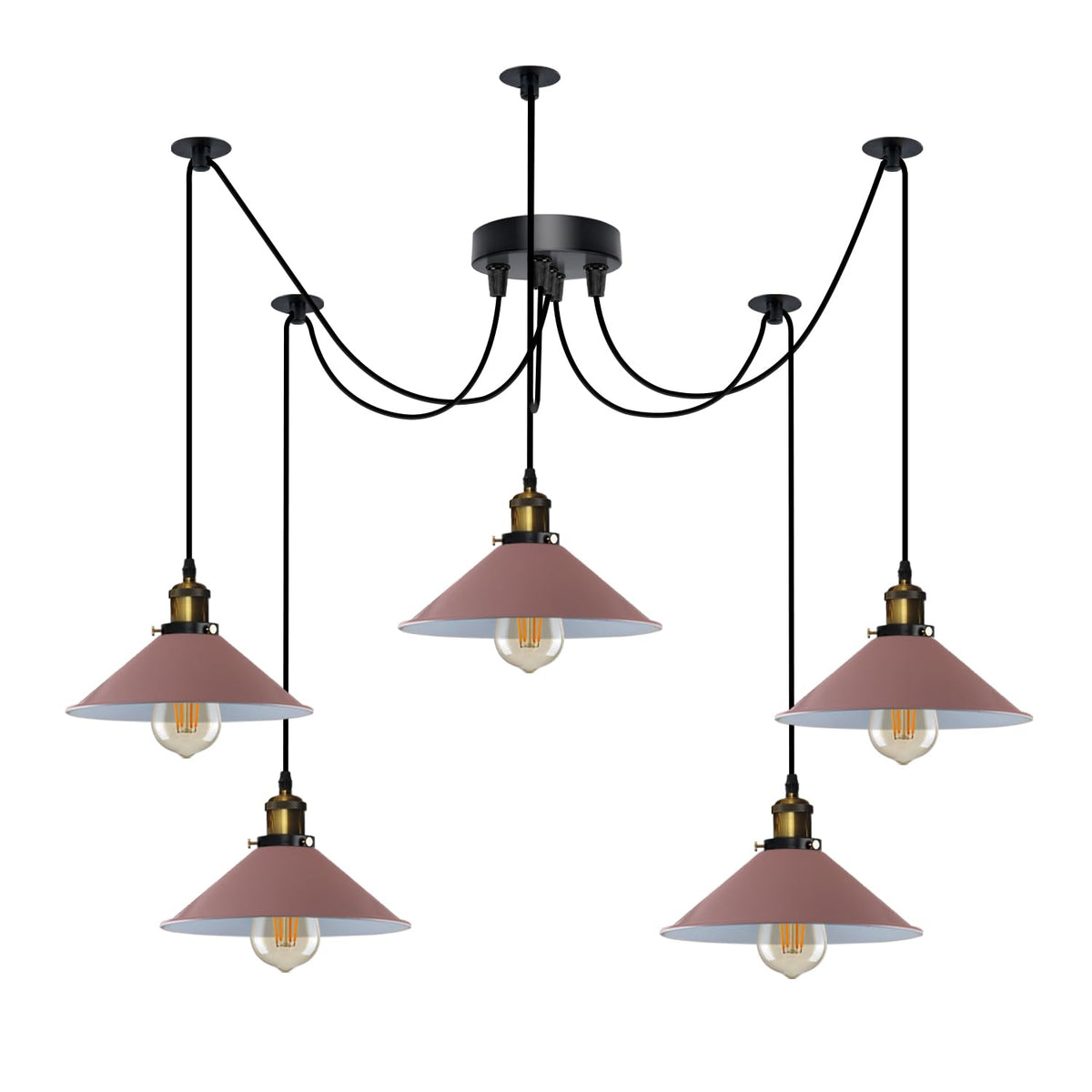 5-Light Spider Pendant – 22 cm Cone Shades, 12 Colours, E27 - Yellow Brass, Flat Cone 22 cm Pink, Without Bulb
