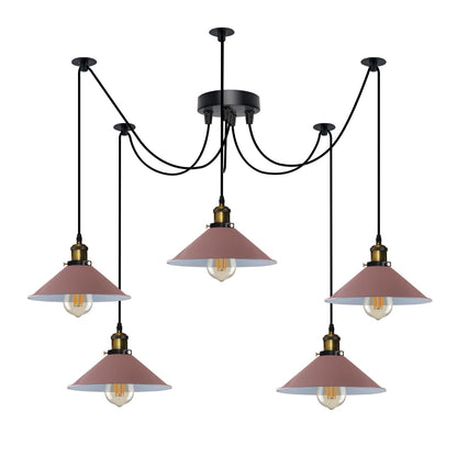 5-Light Spider Pendant – 22 cm Cone Shades, 12 Colours, E27 - Yellow Brass, Flat Cone 22 cm Pink, Without Bulb