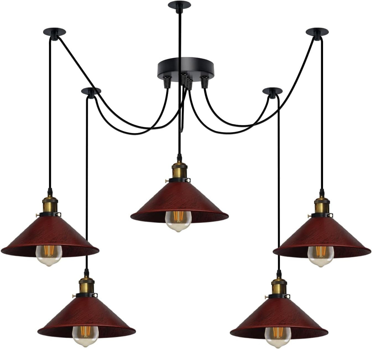 5-Light Spider Pendant – 22 cm Cone Shades, 12 Colours, E27 - Yellow Brass, Flat Cone 22 cm Rustic Red, ST64 LED Bulb 6W