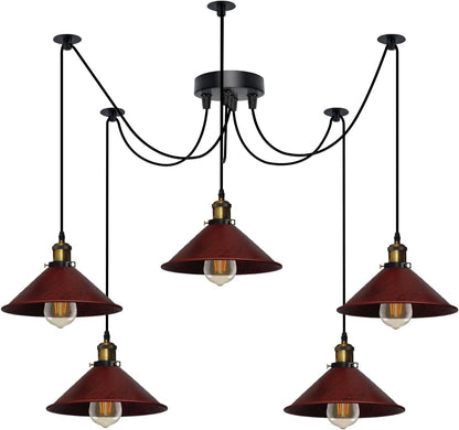 5-Light Spider Pendant – 22 cm Cone Shades, 12 Colours, E27 - Yellow Brass, Flat Cone 22 cm Rustic Red, ST64 LED Bulb 6W