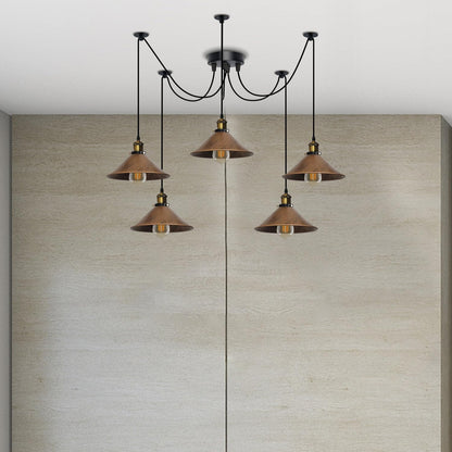 5-Light Spider Pendant – 22 cm Cone Shades, 12 Colours, E27 - Yellow Brass, Flat Cone 22 cm Rustic Red, Without Bulb