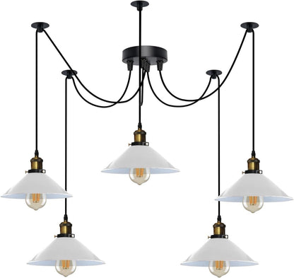 5-Light Spider Pendant – 22 cm Cone Shades, 12 Colours, E27 - Yellow Brass, Flat Cone 22 cm White, ST64 LED Bulb 6W