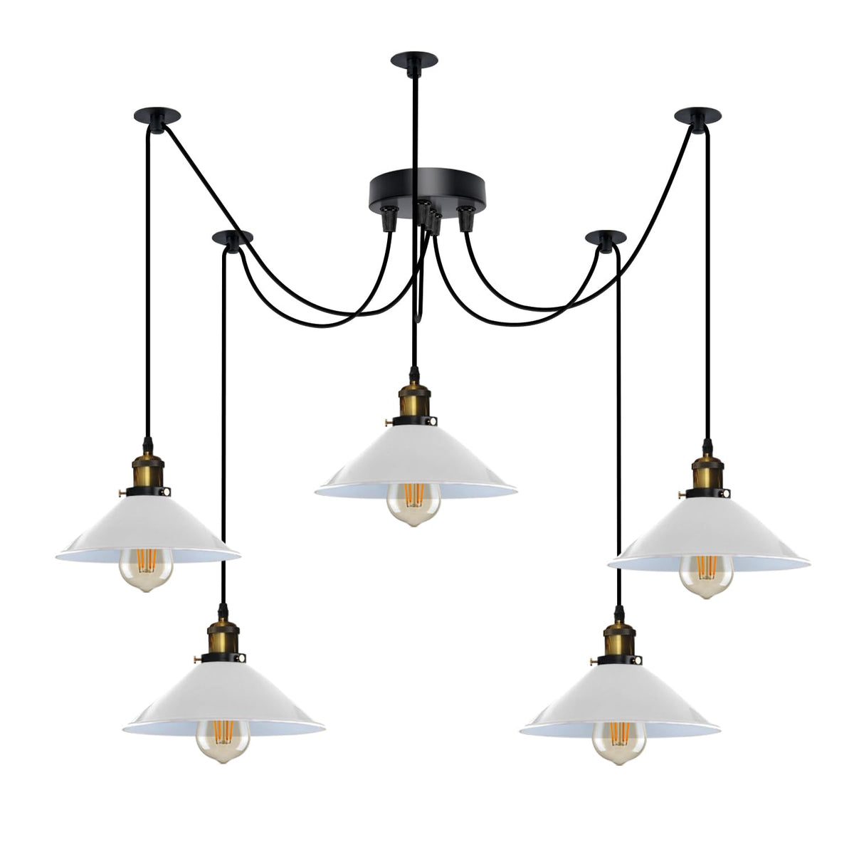 5-Light Spider Pendant – 22 cm Cone Shades, 12 Colours, E27 - Yellow Brass, Flat Cone 22 cm White, Without Bulb