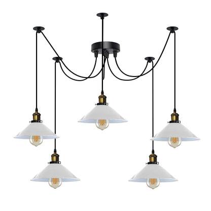 5-Light Spider Pendant – 22 cm Cone Shades, 12 Colours, E27 - Yellow Brass, Flat Cone 22 cm White, Without Bulb