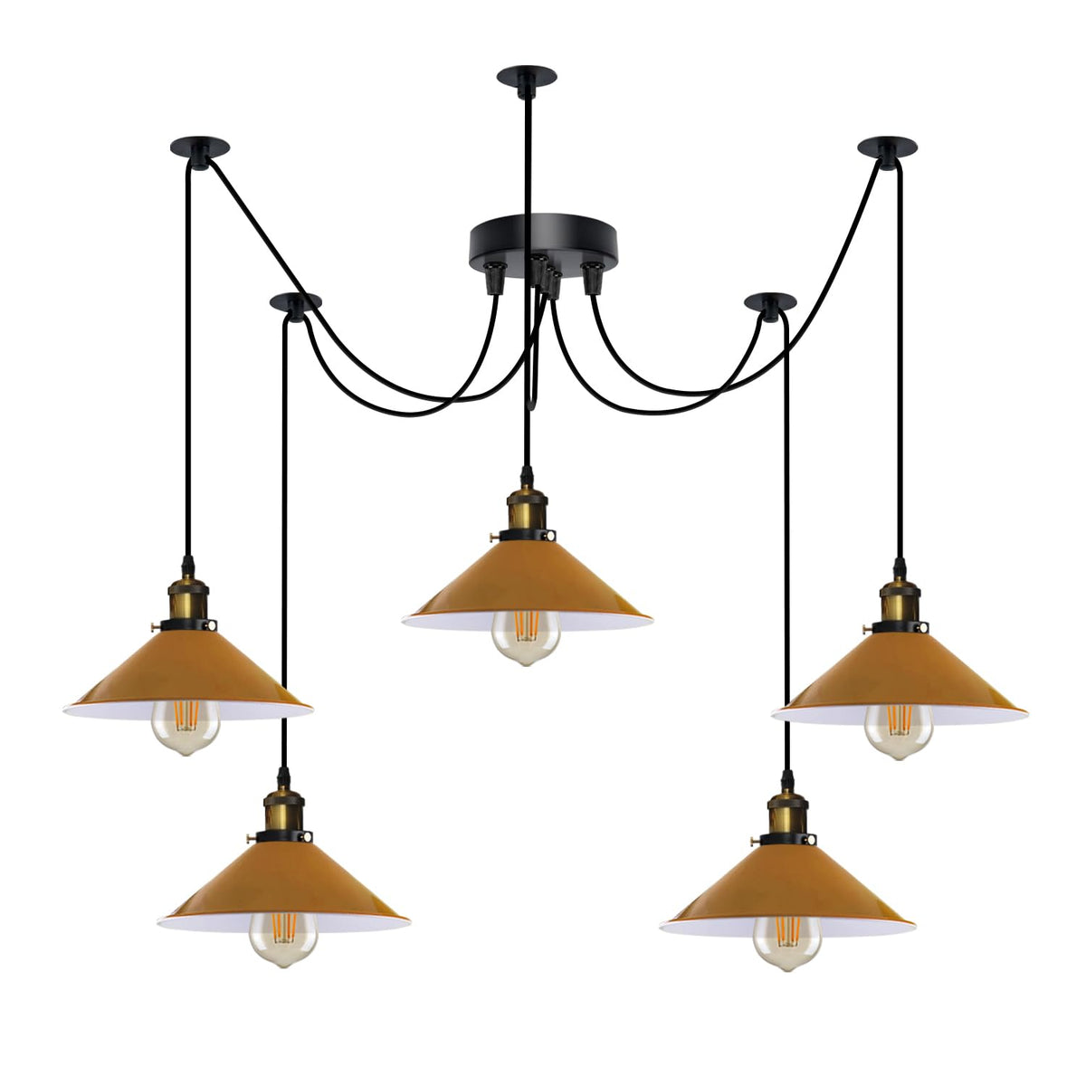 5-Light Spider Pendant – 22 cm Cone Shades, 12 Colours, E27 - Yellow Brass, Flat Cone 22 cm Yellow, Without Bulb