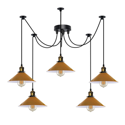 5-Light Spider Pendant – 22 cm Cone Shades, 12 Colours, E27 - Yellow Brass, Flat Cone 22 cm Yellow, Without Bulb