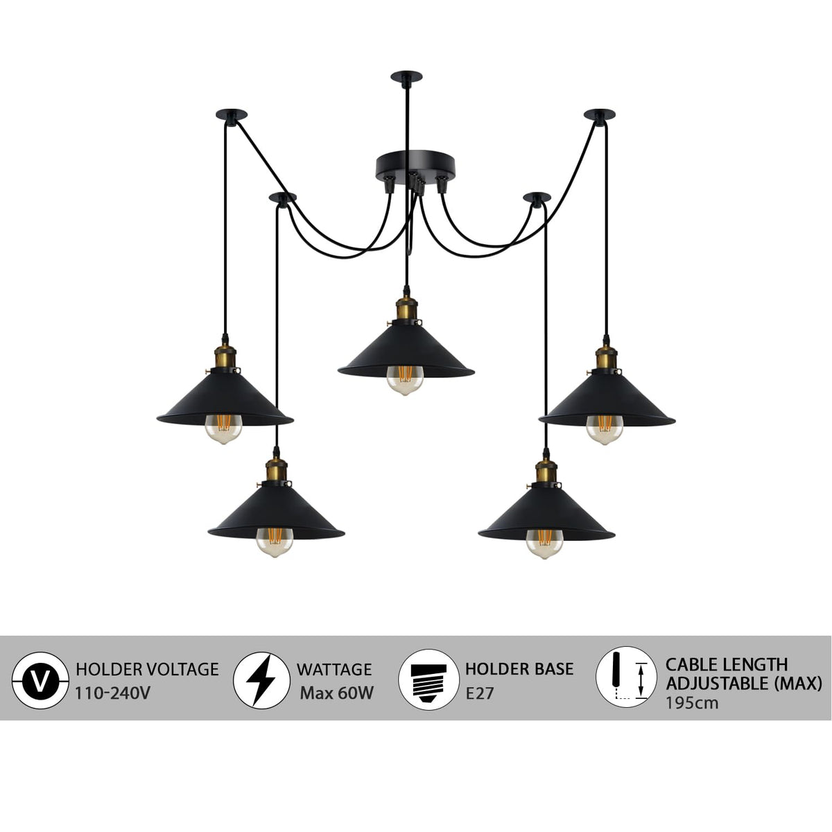 5-Light Spider Pendant – 22 cm Cone Shades, 12 Colours, E27 - photo 2
