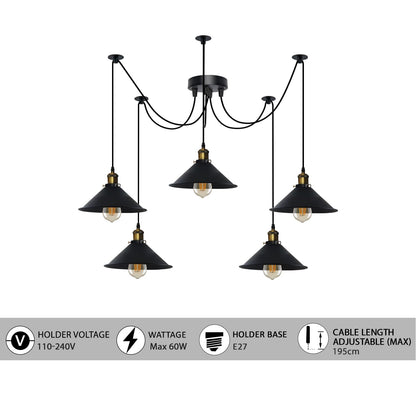 5-Light Spider Pendant – 22 cm Cone Shades, 12 Colours, E27 - photo 2