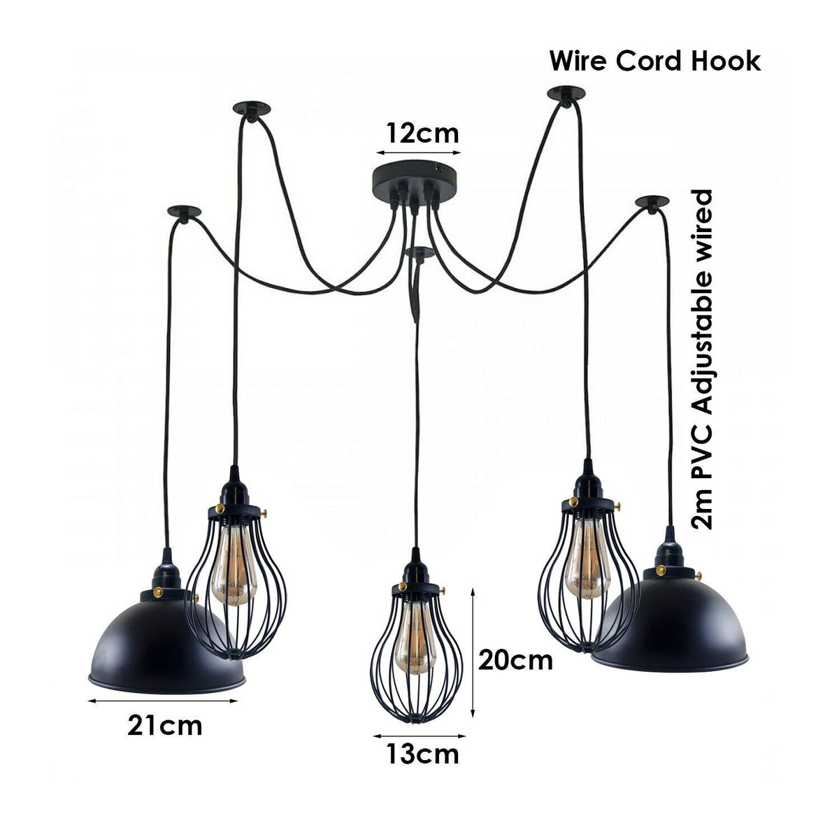 5-Arm Spider Pendant – 2 Dome Shades & 3 Wire Cages, Black, E27 - photo 3
