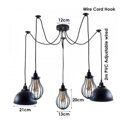 5-Arm Spider Pendant – 2 Dome Shades & 3 Wire Cages, Black, E27 - photo 3