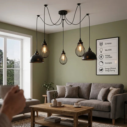 5-Arm Spider Pendant – 2 Dome Shades & 3 Wire Cages, Black, E27 - photo 4