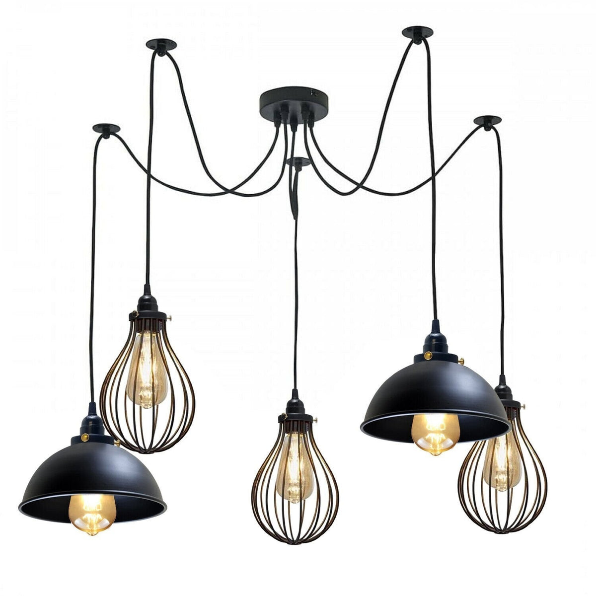 5-Arm Spider Pendant – 2 Dome Shades & 3 Wire Cages, Black, E27