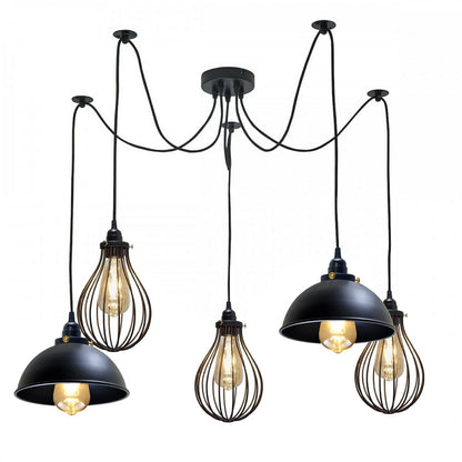 5-Arm Spider Pendant – 2 Dome Shades & 3 Wire Cages, Black, E27