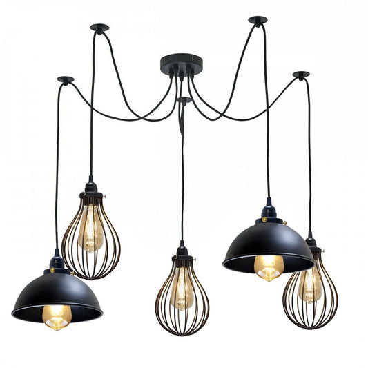 5-Arm Spider Pendant – 2 Dome Shades & 3 Wire Cages, Black, E27