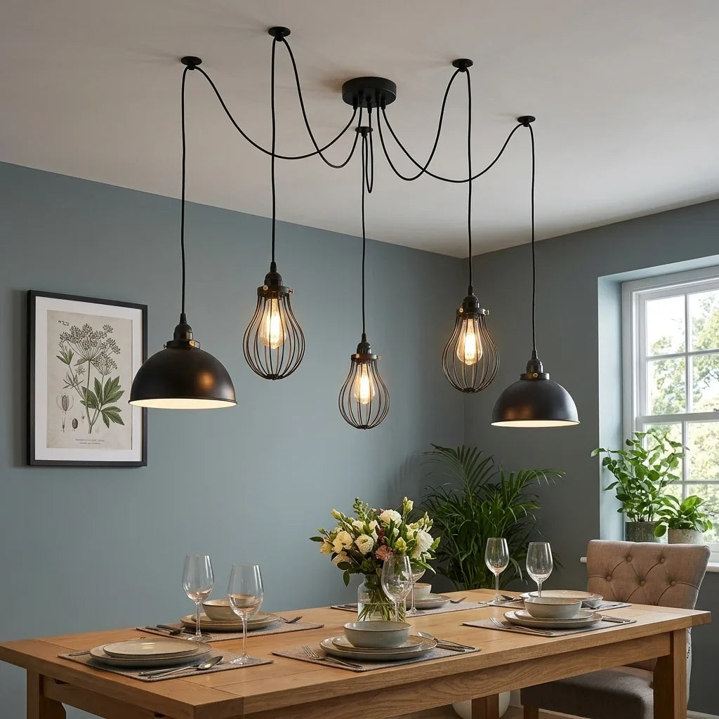 5-Arm Spider Pendant – 2 Dome Shades & 3 Wire Cages, Black, E27 - photo 5