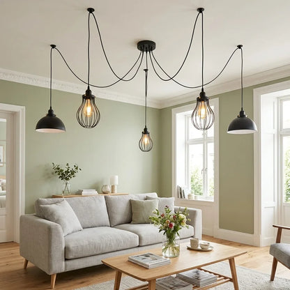 5-Arm Spider Pendant – 2 Dome Shades & 3 Wire Cages, Black, E27 - photo 6