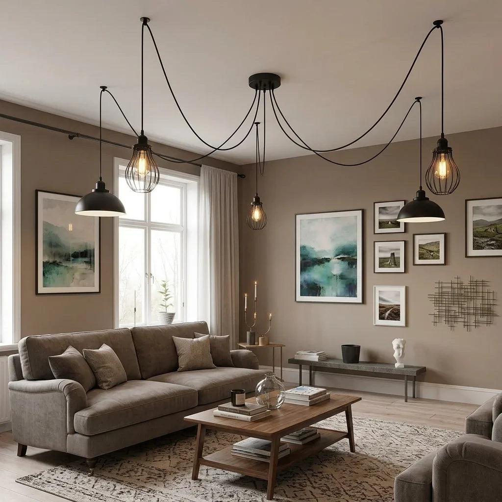 5-Arm Spider Pendant – 2 Dome Shades & 3 Wire Cages, Black, E27 - photo 2