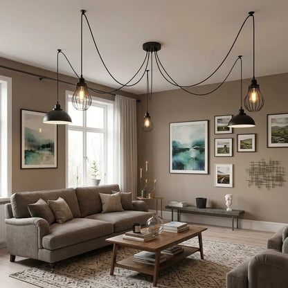 5-Arm Spider Pendant – 2 Dome Shades & 3 Wire Cages, Black, E27 - photo 2