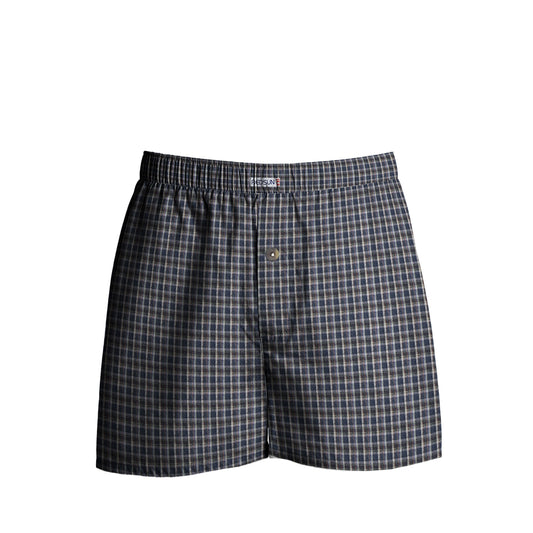 Men's Woven Cotton Boxer Shorts – Dark Navy Check, Button Fly, XL or XXL - XL, Single