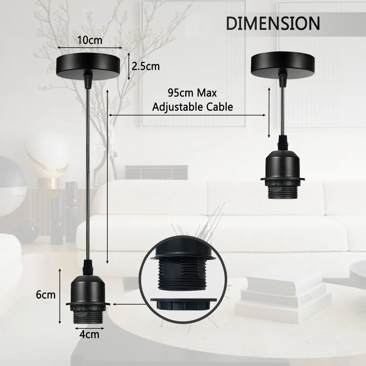 Pendant Light Fitting – E27 Holder, 1 m Cable, Single or Packs - photo 4