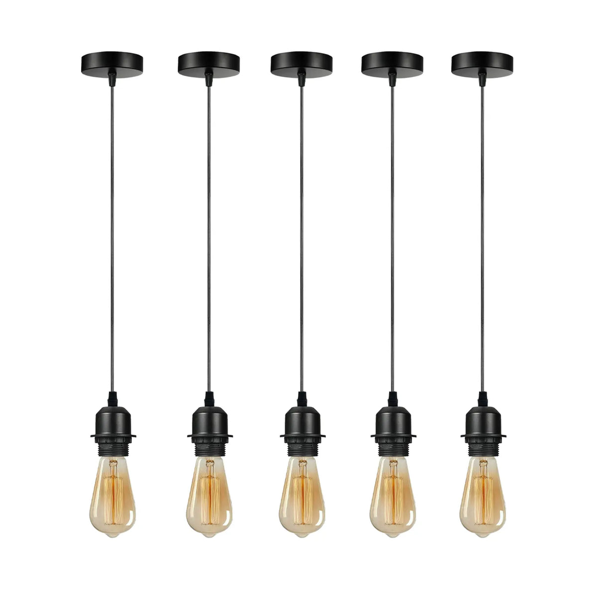 Pendant Light Fitting – E27 Holder, 1 m Cable, Single or Packs - Black, No Shade Pack of 5, ST64 Bulb