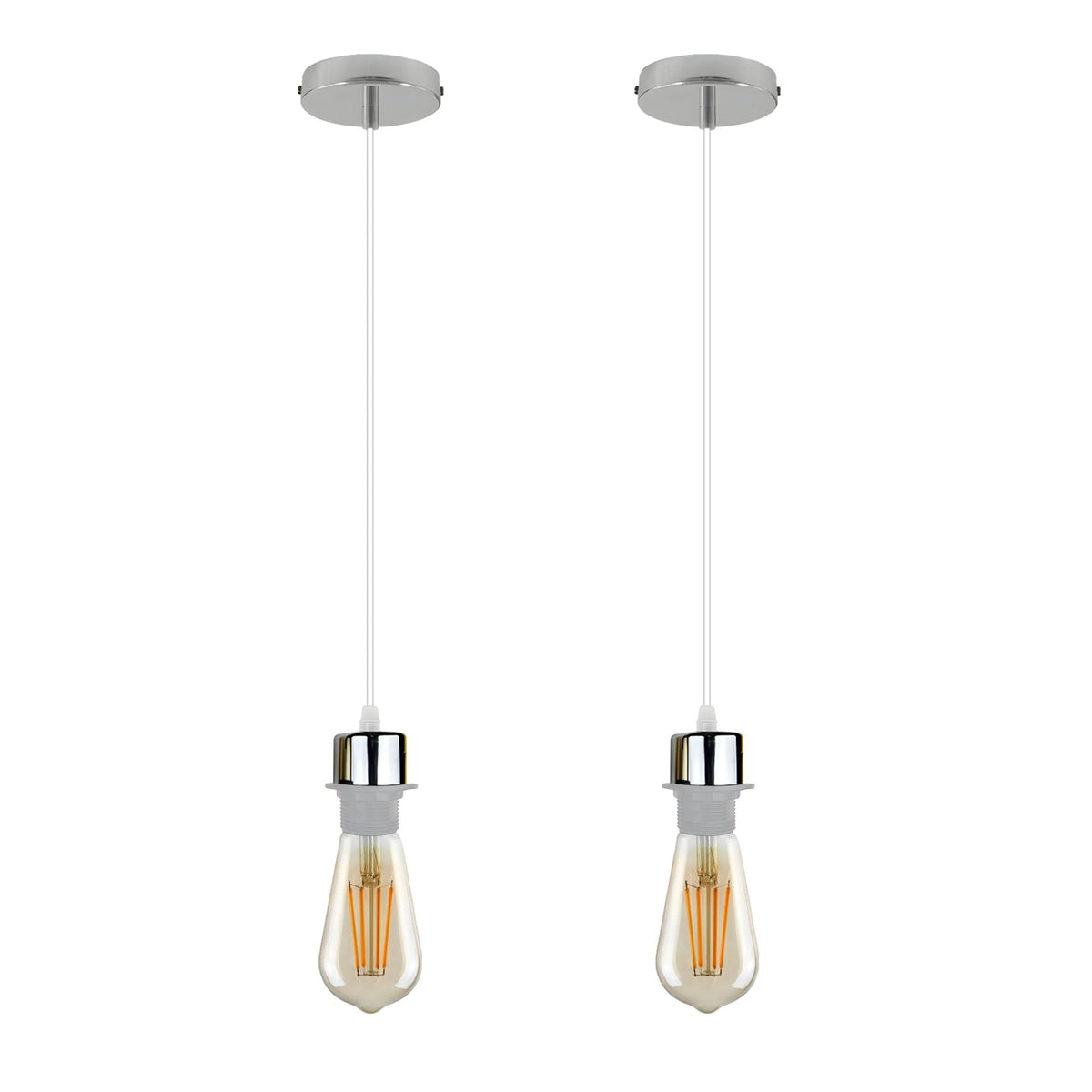 Pendant Light Fitting – E27 Holder, 1 m Cable, Single or Packs - Chrome, No Shade Pack of 2, ST64 Bulb