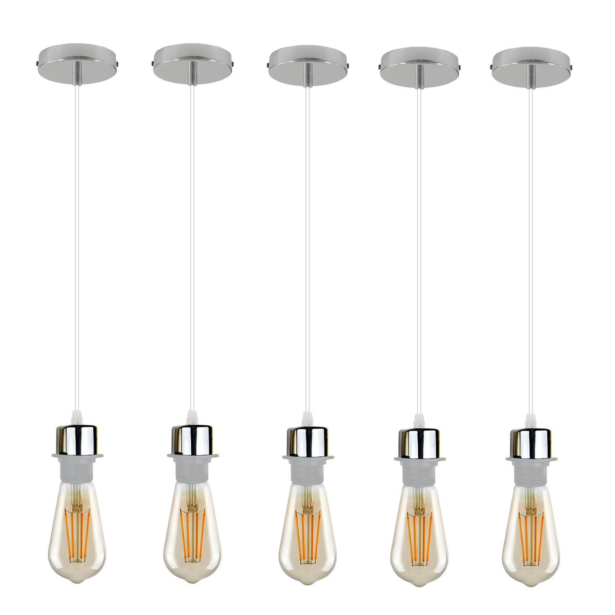 Pendant Light Fitting – E27 Holder, 1 m Cable, Single or Packs - Chrome, No Shade Pack of 5, ST64 Bulb