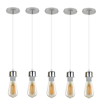 Pendant Light Fitting – E27 Holder, 1 m Cable, Single or Packs - Chrome, No Shade Pack of 5, ST64 Bulb