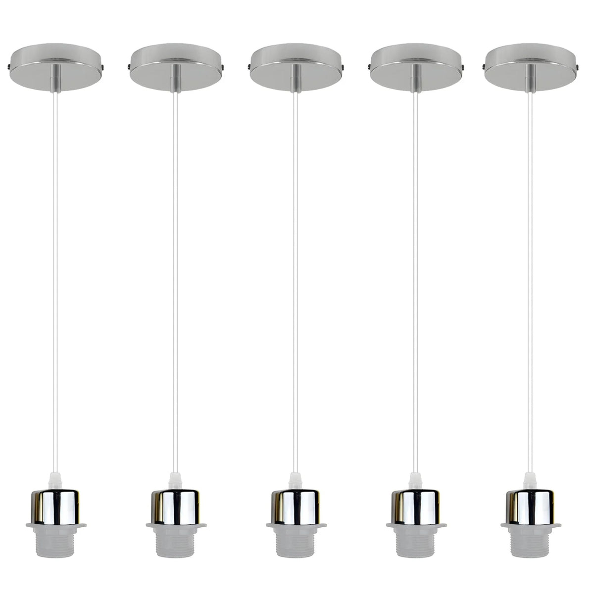 Pendant Light Fitting – E27 Holder, 1 m Cable, Single or Packs - Chrome, No Shade Pack of 5, Without Bulb