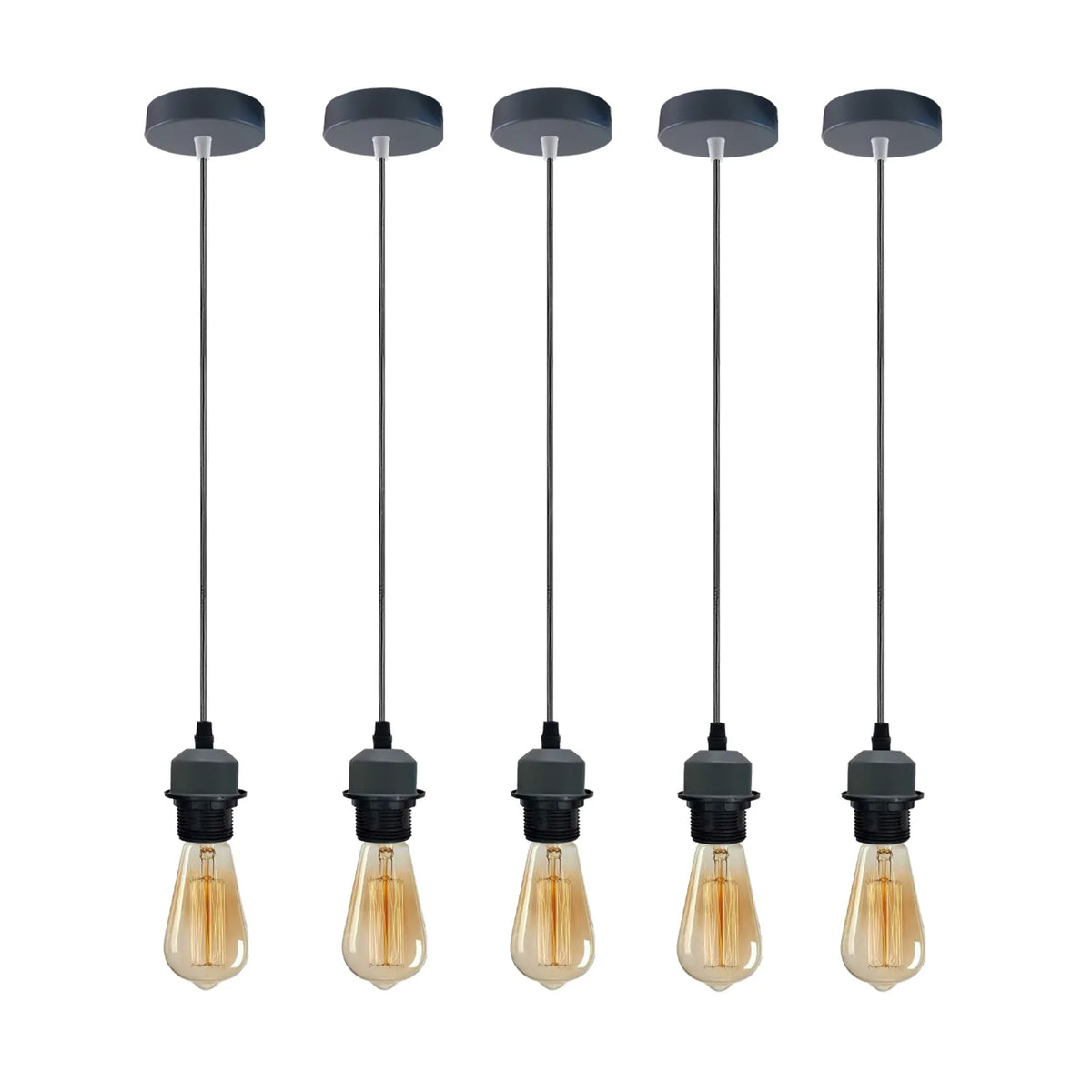 Pendant Light Fitting – E27 Holder, 1 m Cable, Single or Packs - Grey, No Shade Pack of 5, ST64 Bulb
