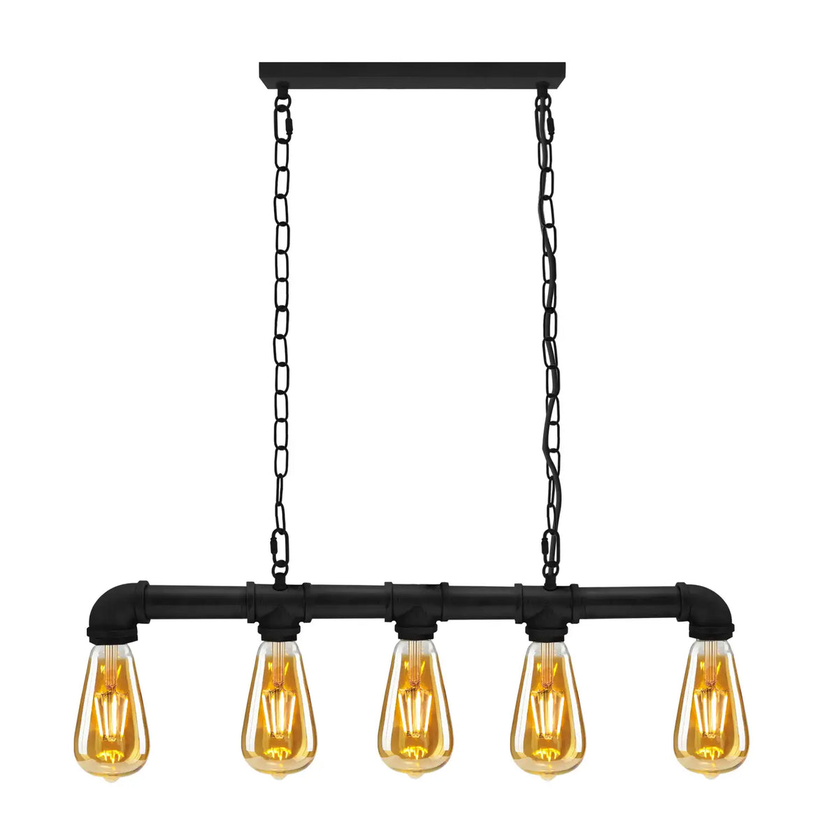 5 Light Steampunk Pipe Pendant – Water Pipe Bar on Chains, E27 - ST64 Bulb, Black, No Shade