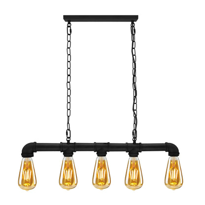 5 Light Steampunk Pipe Pendant – Water Pipe Bar on Chains, E27 - ST64 Bulb, Black, No Shade
