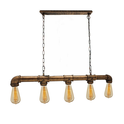 5 Light Steampunk Pipe Pendant – Water Pipe Bar on Chains, E27 - Without Bulb, Brushed Copper, No Shade