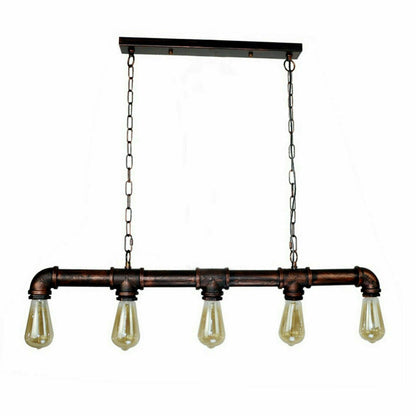 5 Light Steampunk Pipe Pendant – Water Pipe Bar on Chains, E27 - ST64 Bulb, Rustic Red, No Shade