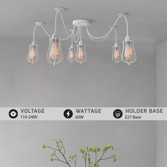 6 Light Spider Pendant – Wire Cage Shades, Black or White, E27