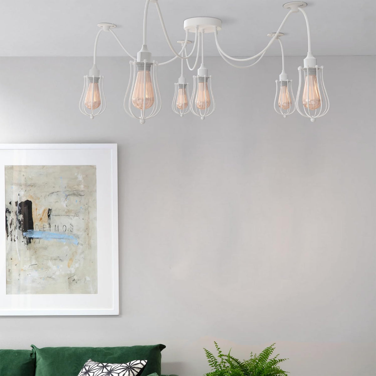 6 Light Spider Pendant – Wire Cage Shades, Black or White, E27 - photo 2