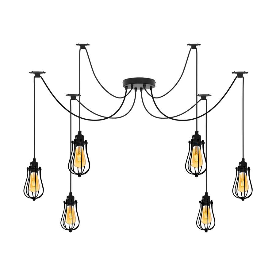 6 Light Spider Pendant – Wire Cage Shades, Black or White, E27 - T130 LED Bulb 4W, Black, Round Cage Black