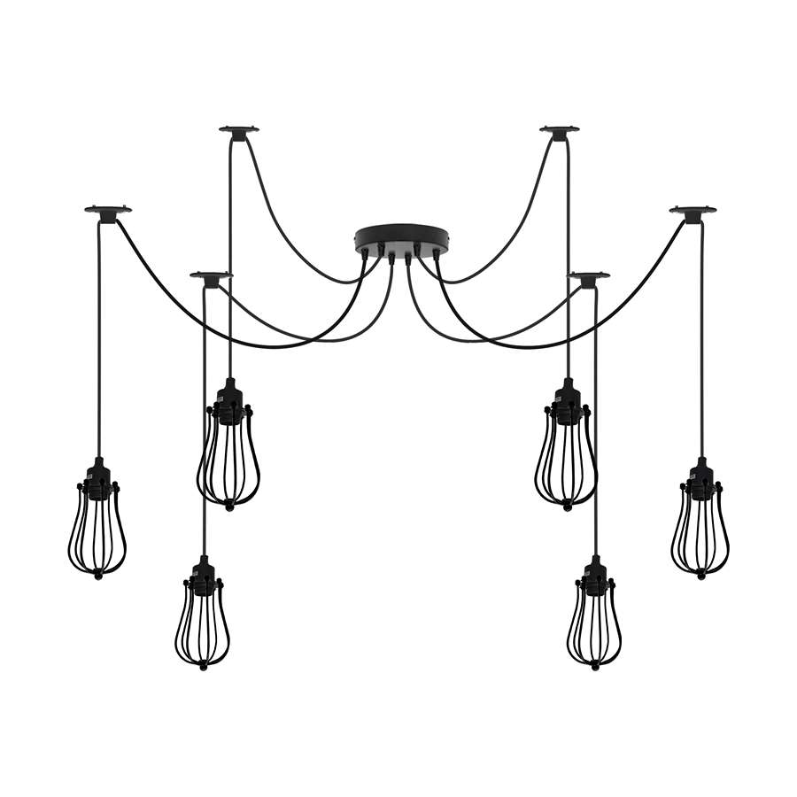 6 Light Spider Pendant – Wire Cage Shades, Black or White, E27 - Without Bulb, Black, Round Cage Black