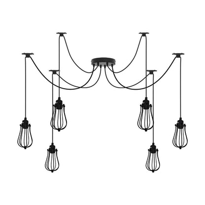 6 Light Spider Pendant – Wire Cage Shades, Black or White, E27 - Without Bulb, Black, Round Cage Black