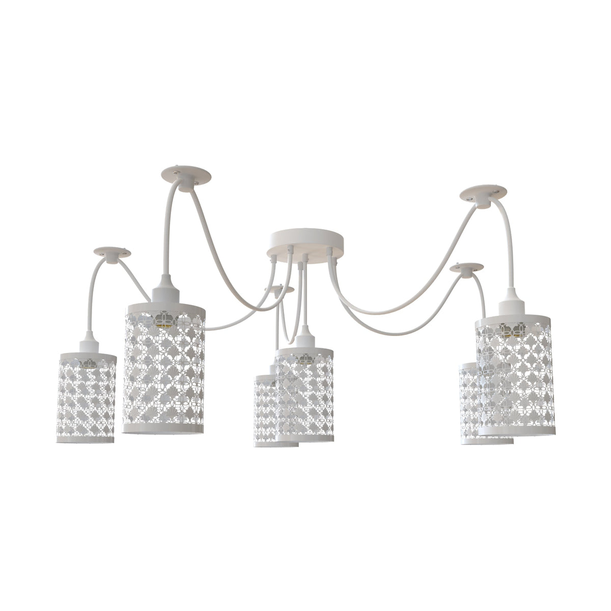 6 Light Spider Pendant – Wire Cage Shades, Black or White, E27 - Without Bulb, White, Drum White
