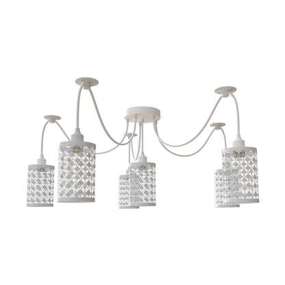 6 Light Spider Pendant – Wire Cage Shades, Black or White, E27 - Without Bulb, White, Drum White