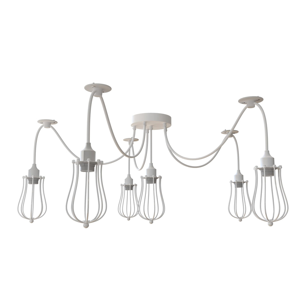 6 Light Spider Pendant – Wire Cage Shades, Black or White, E27 - Without Bulb, White, Round Cage White