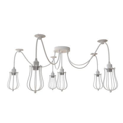 6 Light Spider Pendant – Wire Cage Shades, Black or White, E27 - Without Bulb, White, Round Cage White