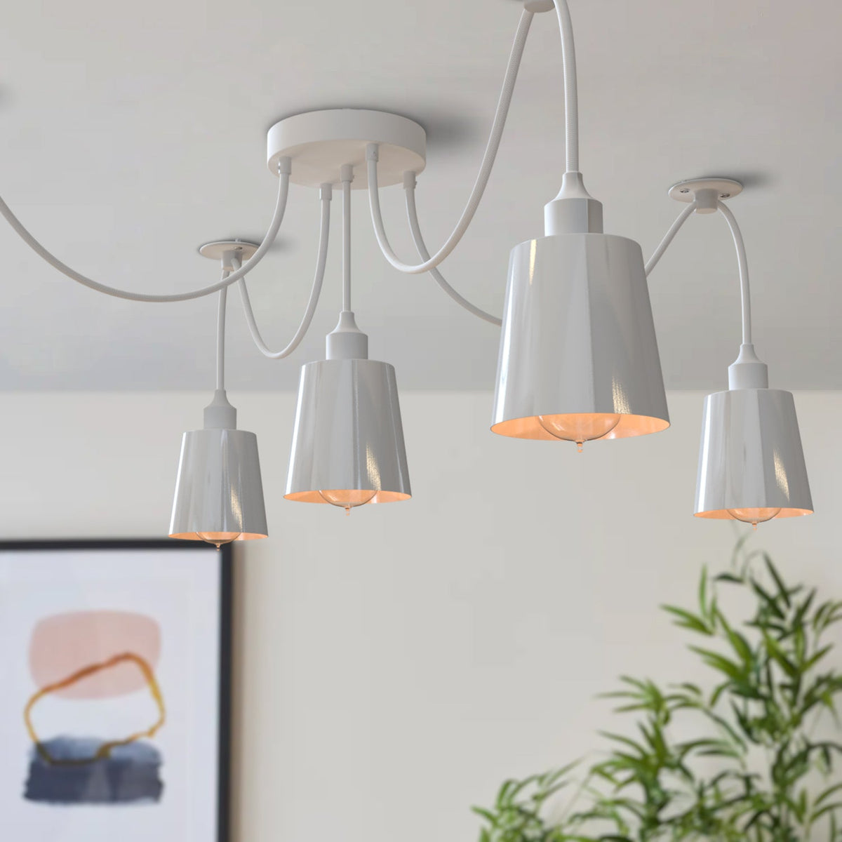 5-Light Spider Pendant – White Metal Shades, Fabric Cable, E27 - photo 4