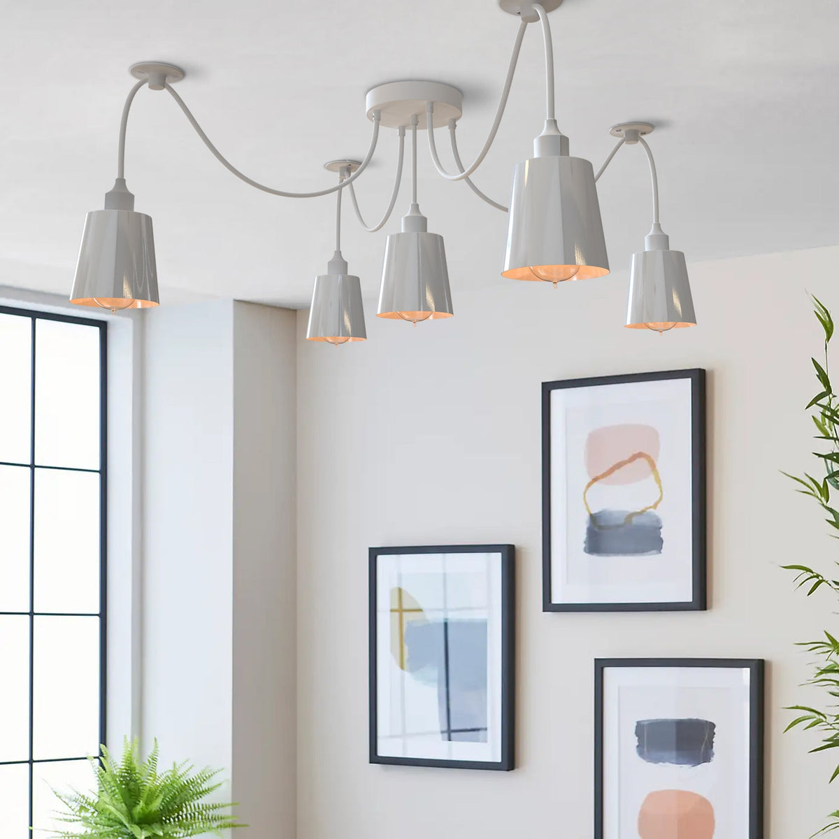 5-Light Spider Pendant – White Metal Shades, Fabric Cable, E27