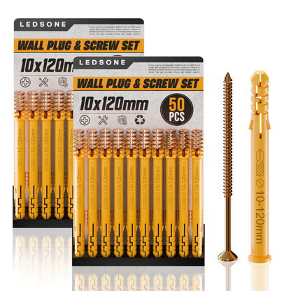 Yellow Wall Plugs and Screws, 100 Pieces (2 x 50) – 6, 8 or 10 mm - 10 x 120 mm